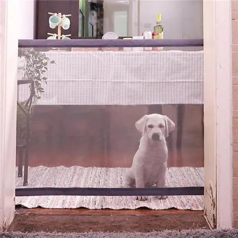 Portable folding pet separation barrier with woven nylon mesh and stainless steel poles, 74cm tall, 182cm wide, black or yellow.