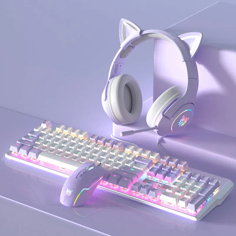 Purple and white mechanical keyboard and mouse set with matching headphones on desk