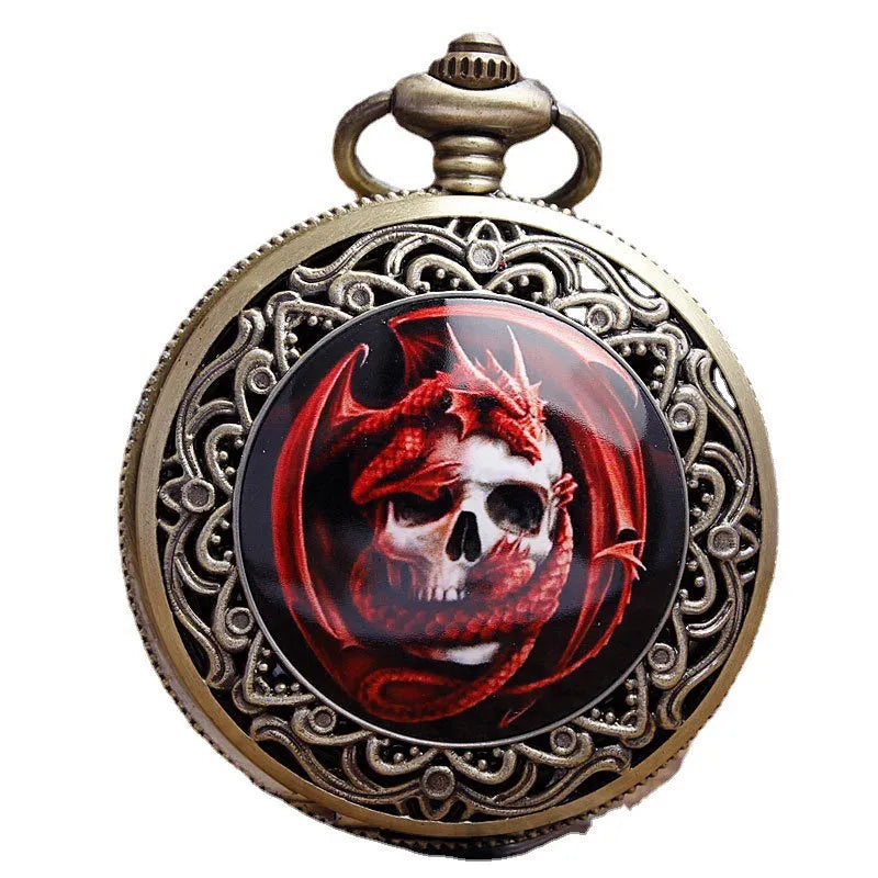 Bronze skull ceramic pocket watch with 4.7cm case and 37.5cm chain, antique style