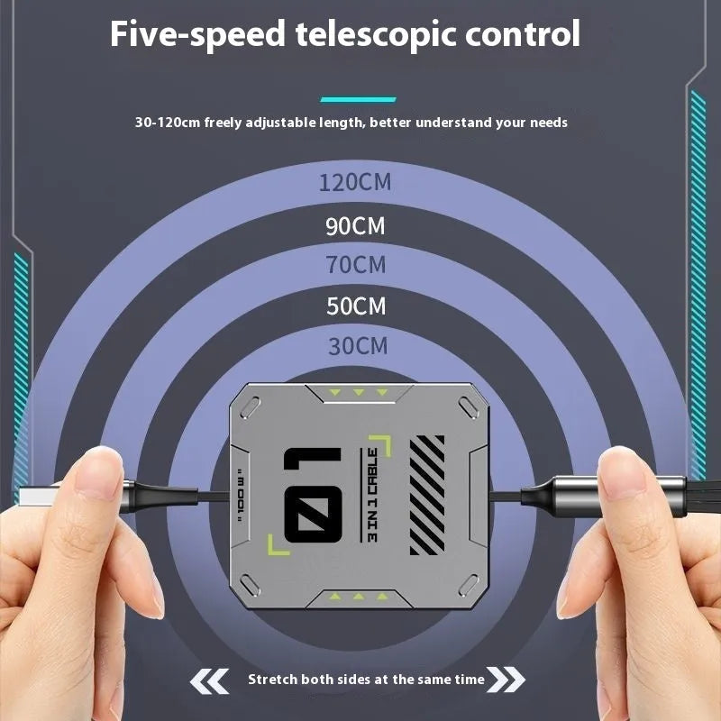 Three-in-one telescopic data cable, 100W fast charge, Mini USB, 0.5-1m, grey black and silver red