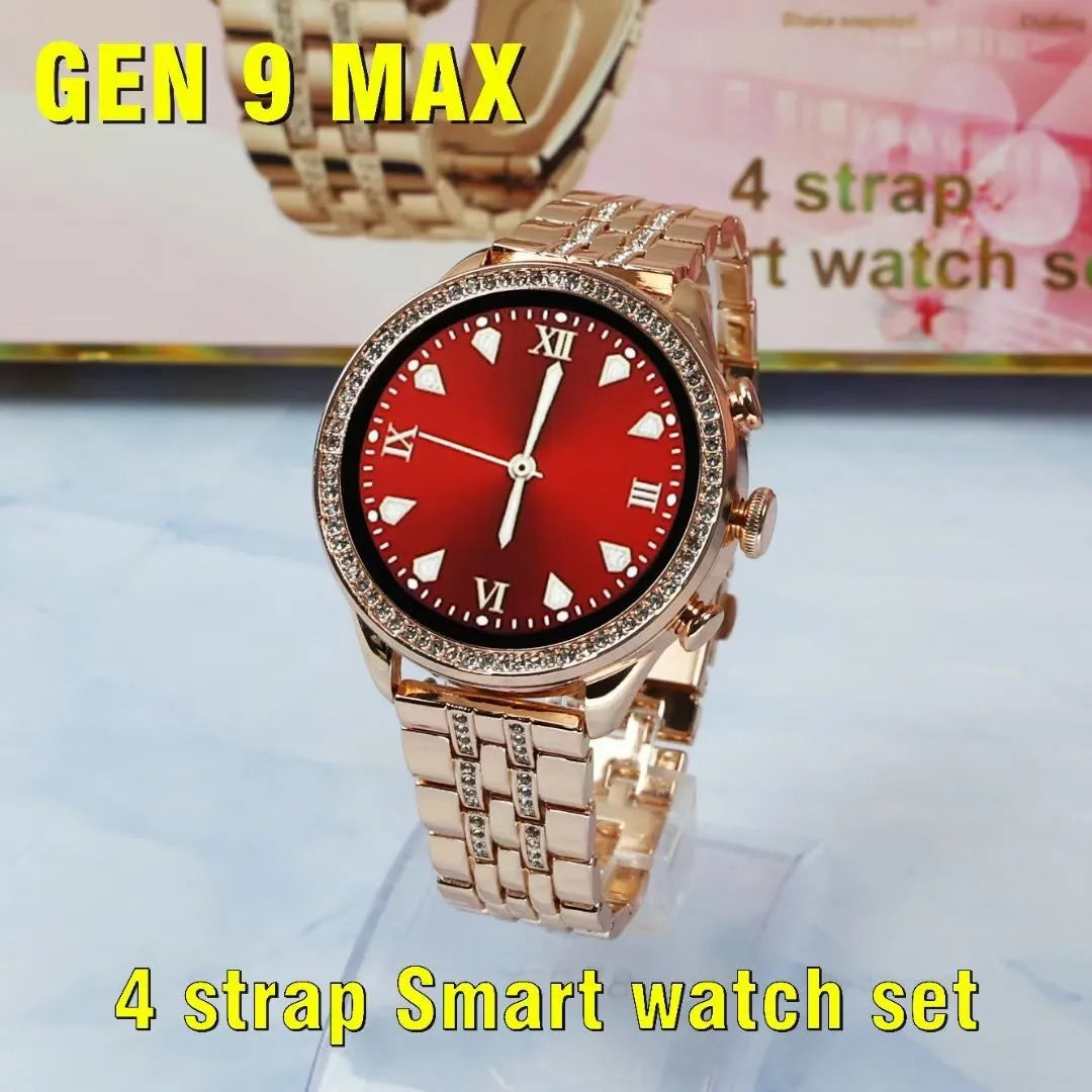 Women's GEN 9 MAX smart watch bracelet with TFT screen, touch button, four straps, and wireless charging cable