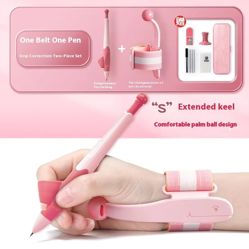 Blue anti-hook wrist brace corrector for handwriting posture and pencil grip training