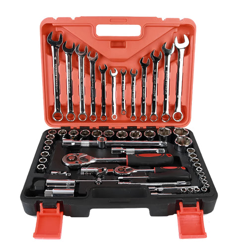 61-piece chrome vanadium steel metric socket wrench set with ratchets and extension bars