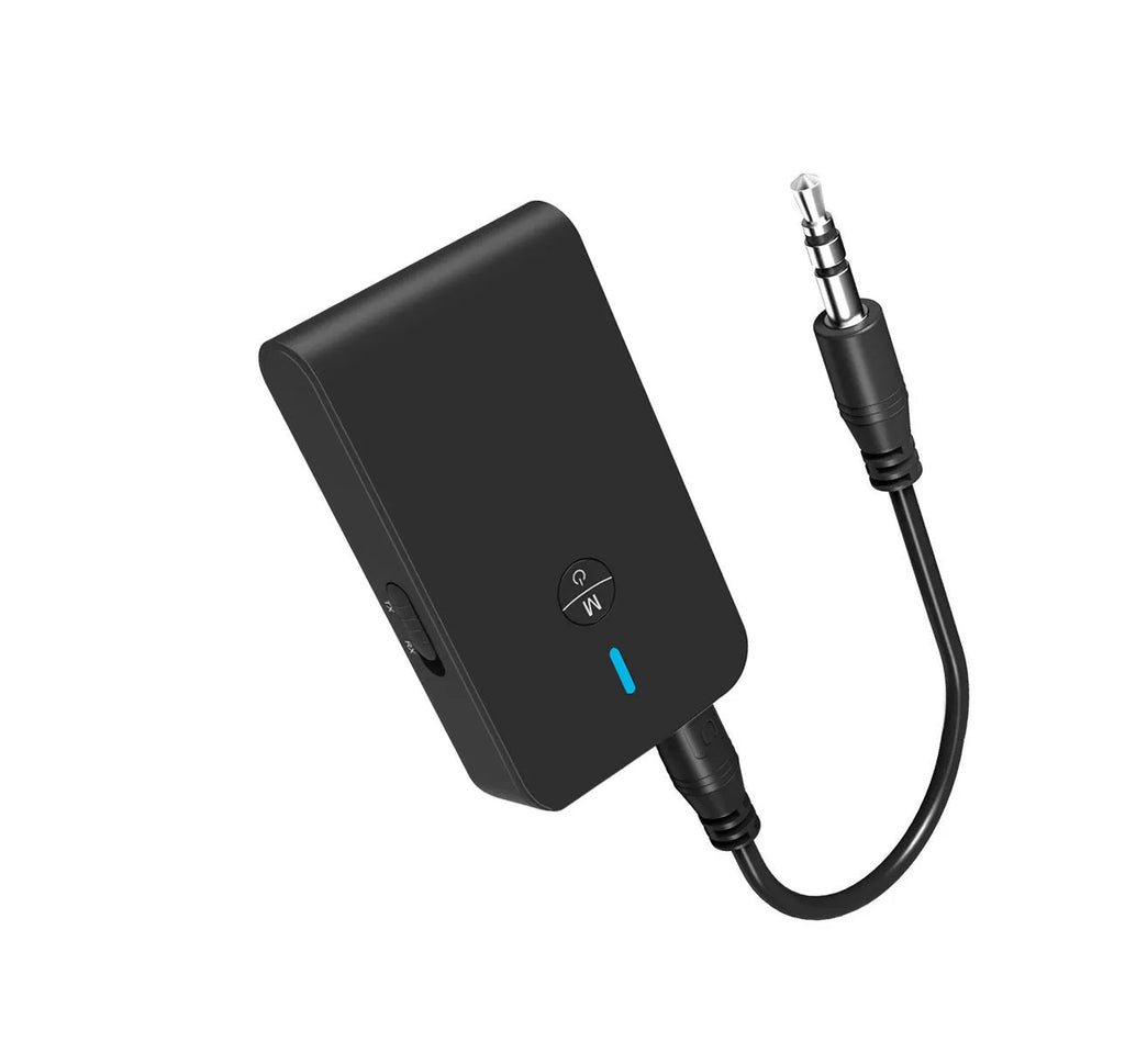 Black Bluetooth audio adapter with 3.5mm AUX jack and USB cable for wireless streaming