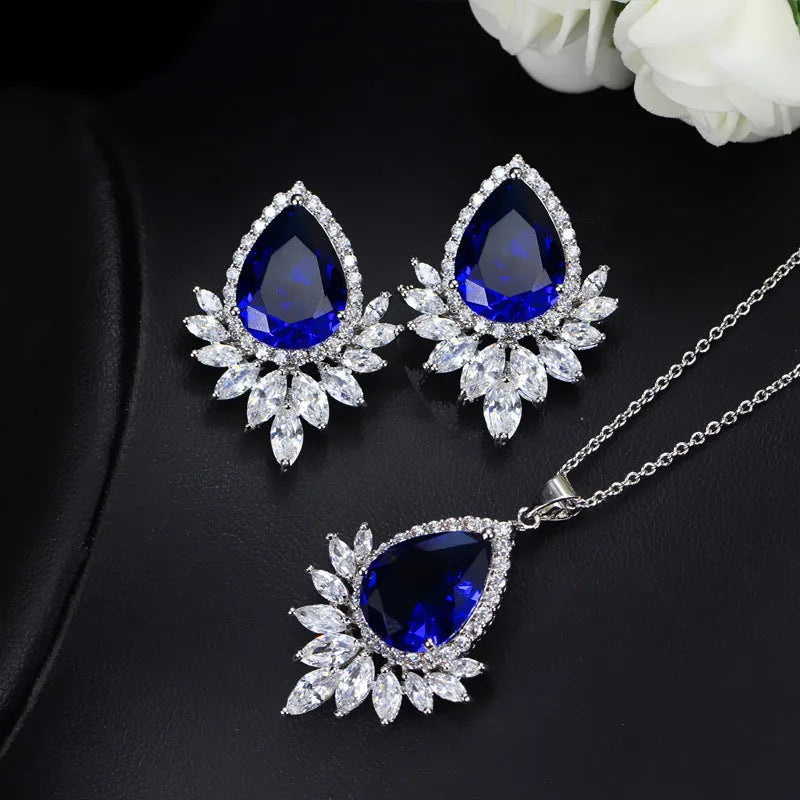 AAA jewellery set with necklace and earrings in blue, red or white with crystal details