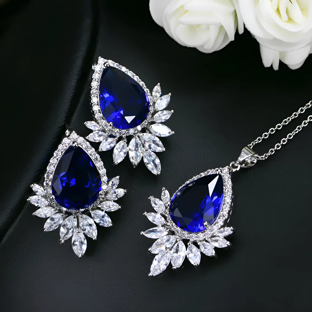 AAA jewellery set with necklace and earrings in blue, red or white with crystal details