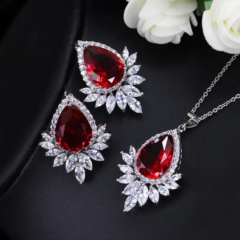 AAA jewellery set with necklace and earrings in blue, red or white with crystal details