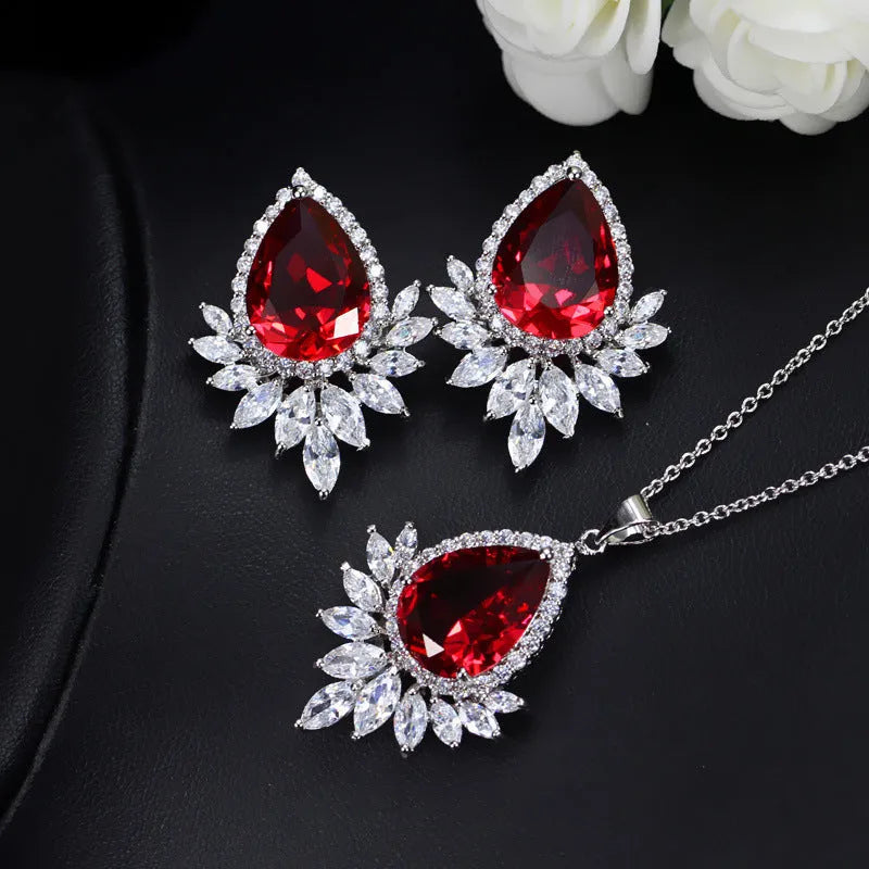 AAA jewellery set with necklace and earrings in blue, red or white with crystal details