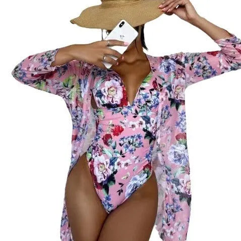 Women's floral print bikini set with lace-up front and cover-up coat in green