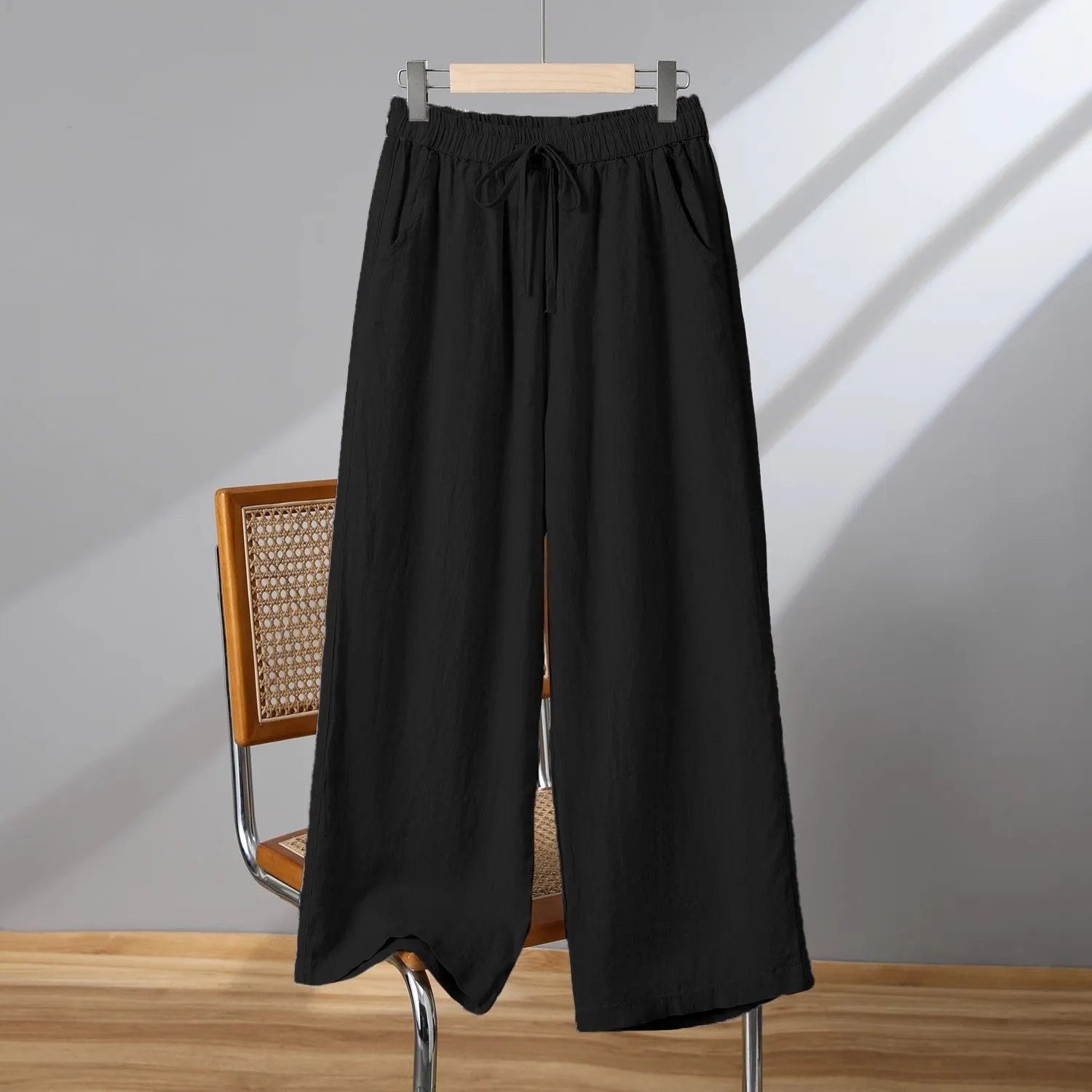 Women's apricot straight-leg casual pants with elastic waist and lace-up drawstring