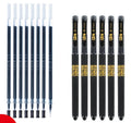Eight carbon black gel pens with plastic bodies, featuring both bullet-tip and needle-tip options for writing