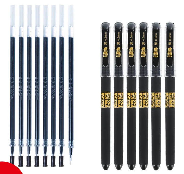 Eight carbon black gel pens with plastic bodies, featuring both bullet-tip and needle-tip options for writing