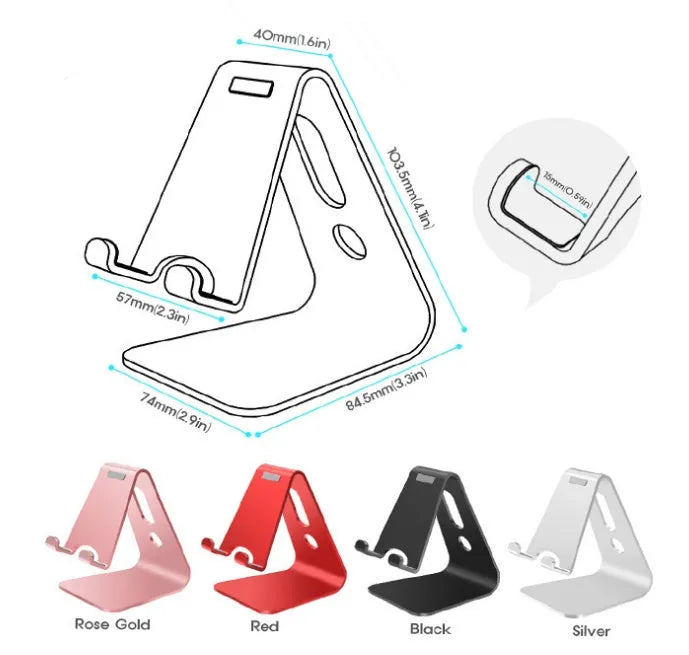 Universal aluminium alloy phone and tablet stand in black, red, rose gold, and silver colour options.