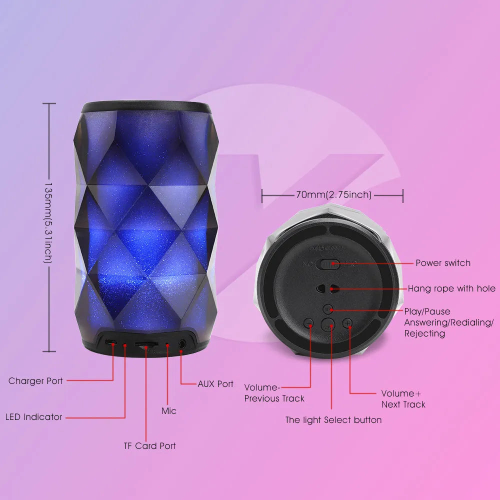 Black crystal diamond-cut Coke can shaped Bluetooth speaker and lantern with colourful LED lights.