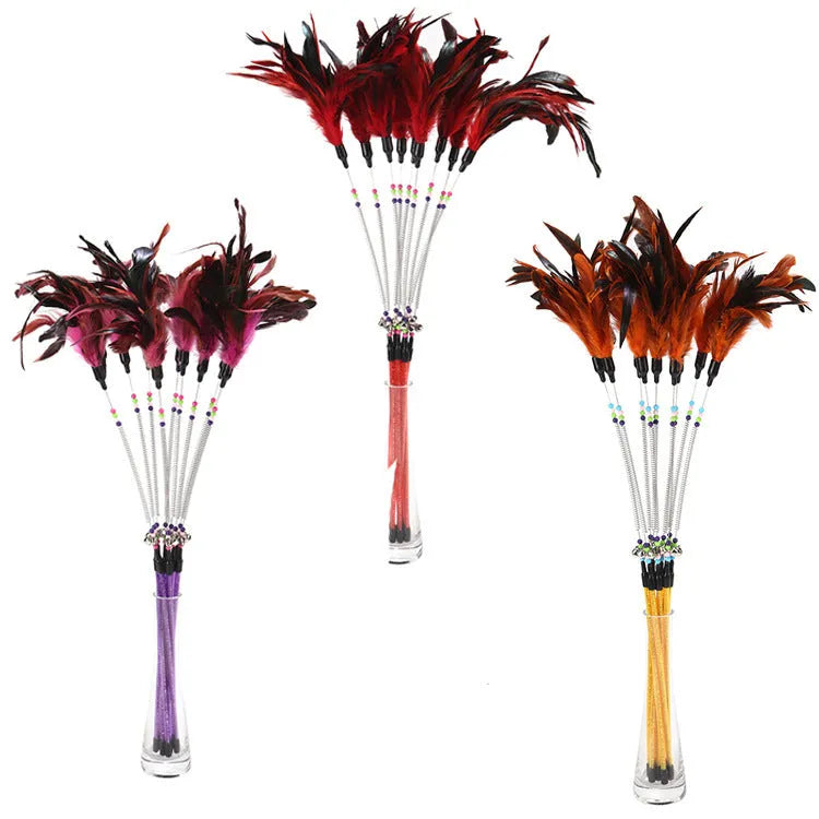 Feather cat toy with spring bells colour beads and 15.5cm cat stick in yellow blue purple red or green pole