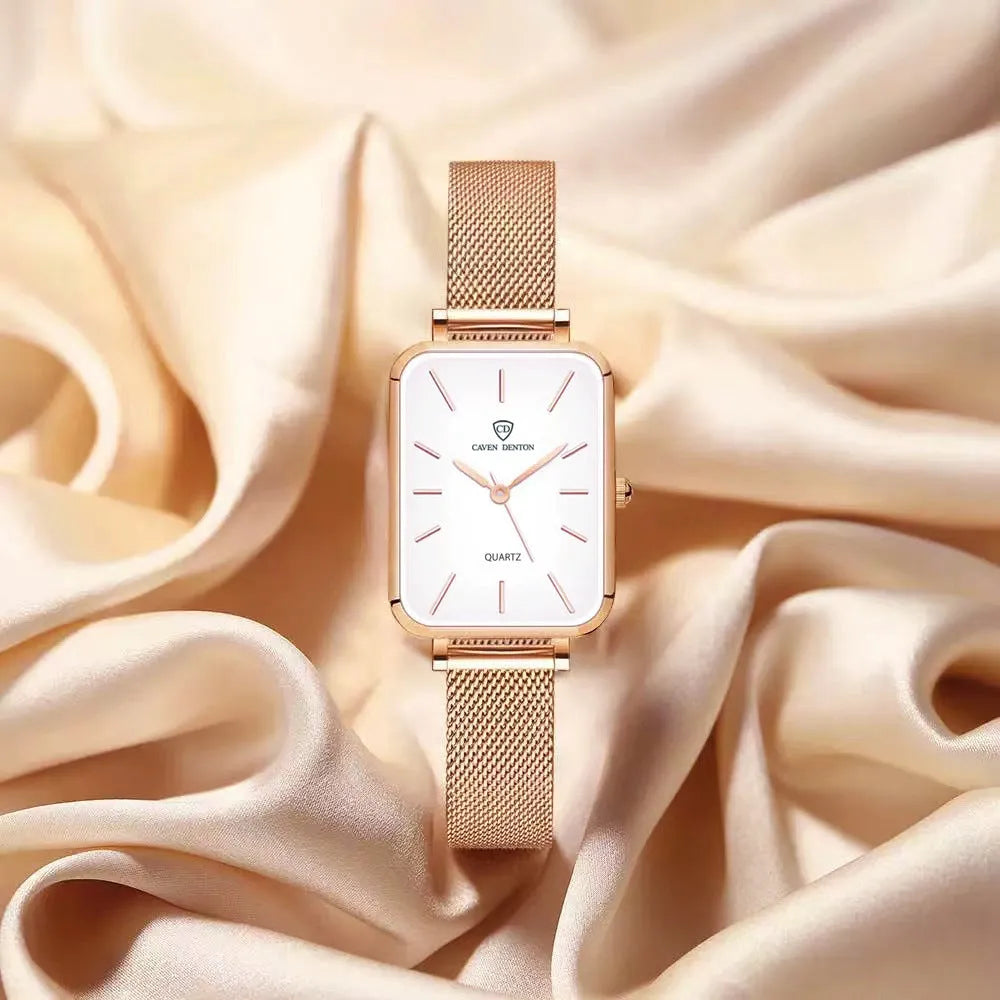 Women's quartz watch with alloy case, mineral glass, woven steel strap, rose gold or silver finishes, 30m waterproof