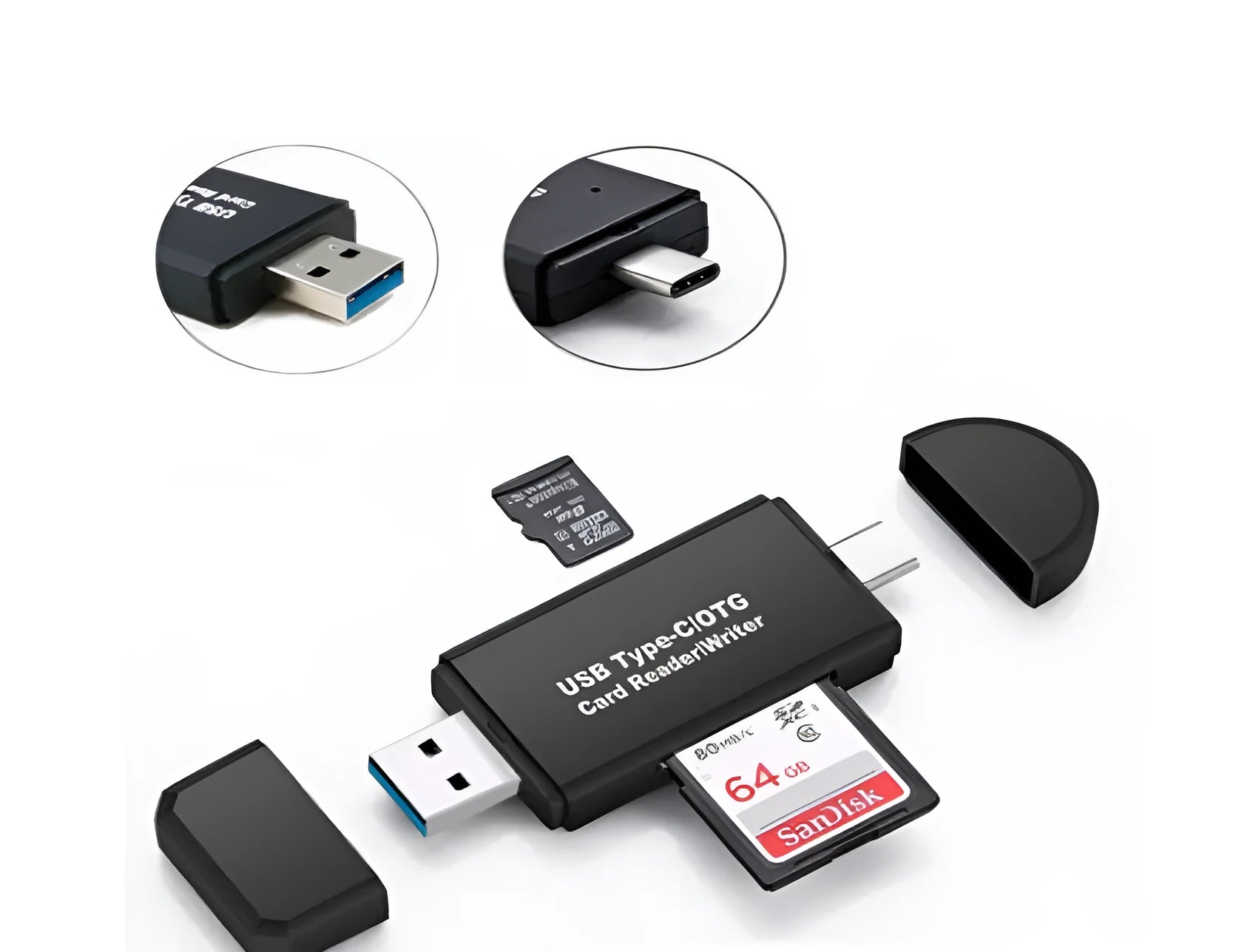 Black USB 3.0 memory card reader for SD and TF cards with USB-C connector