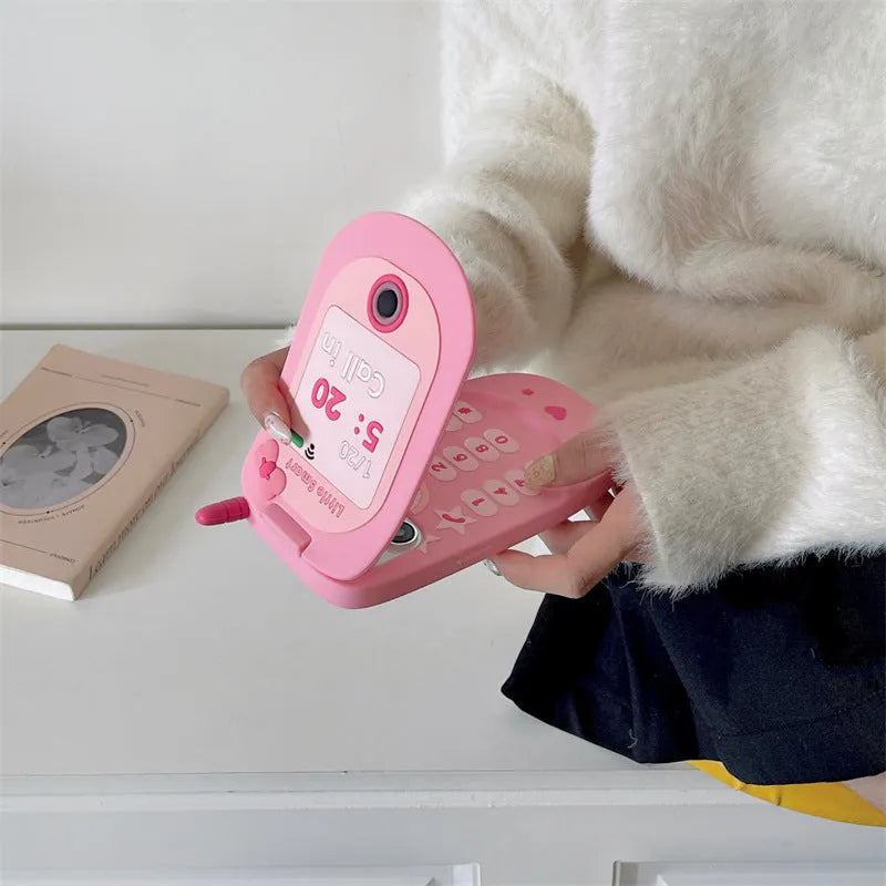 Light pink silicone flip phone case with mirror for iPhone protection