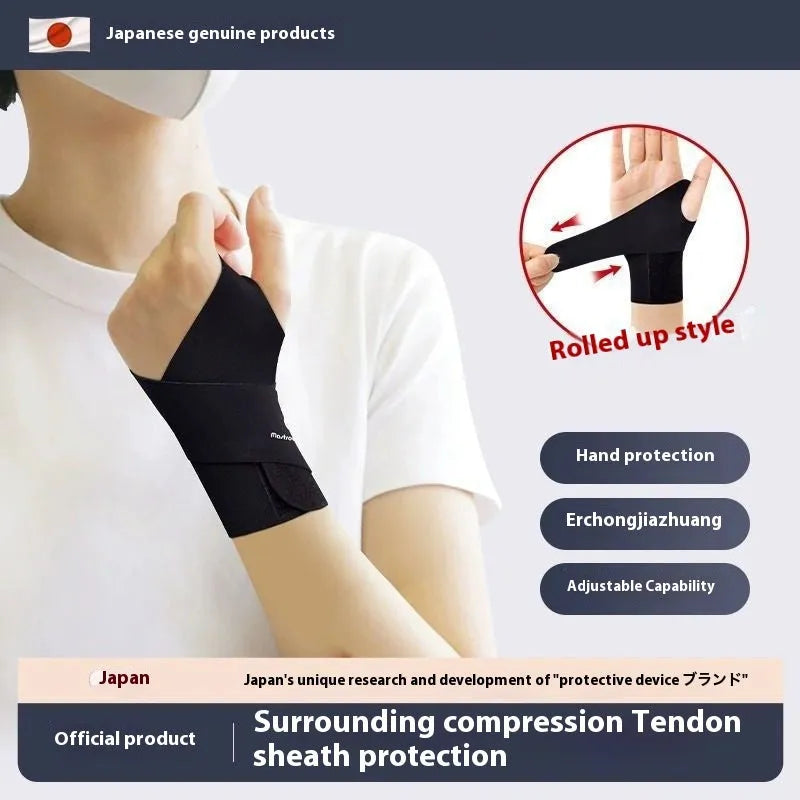 Adjustable black athletic wristguard shown on a wrist, suitable for badminton, tennis and volleyball.