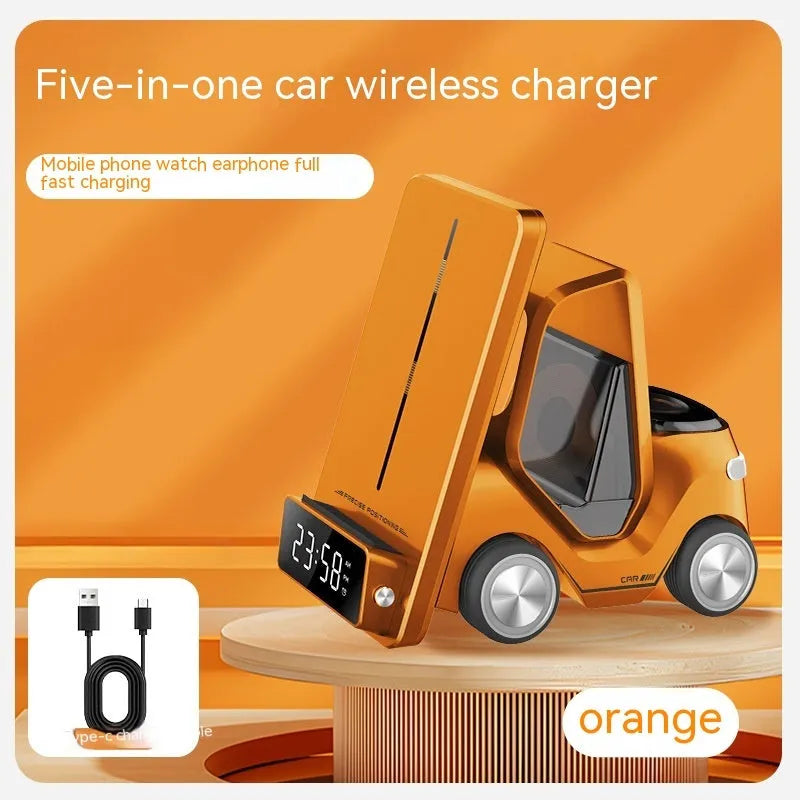 Grey 15W wireless fast charging bracket holding a smartphone, showing its compact size and Type-C port.