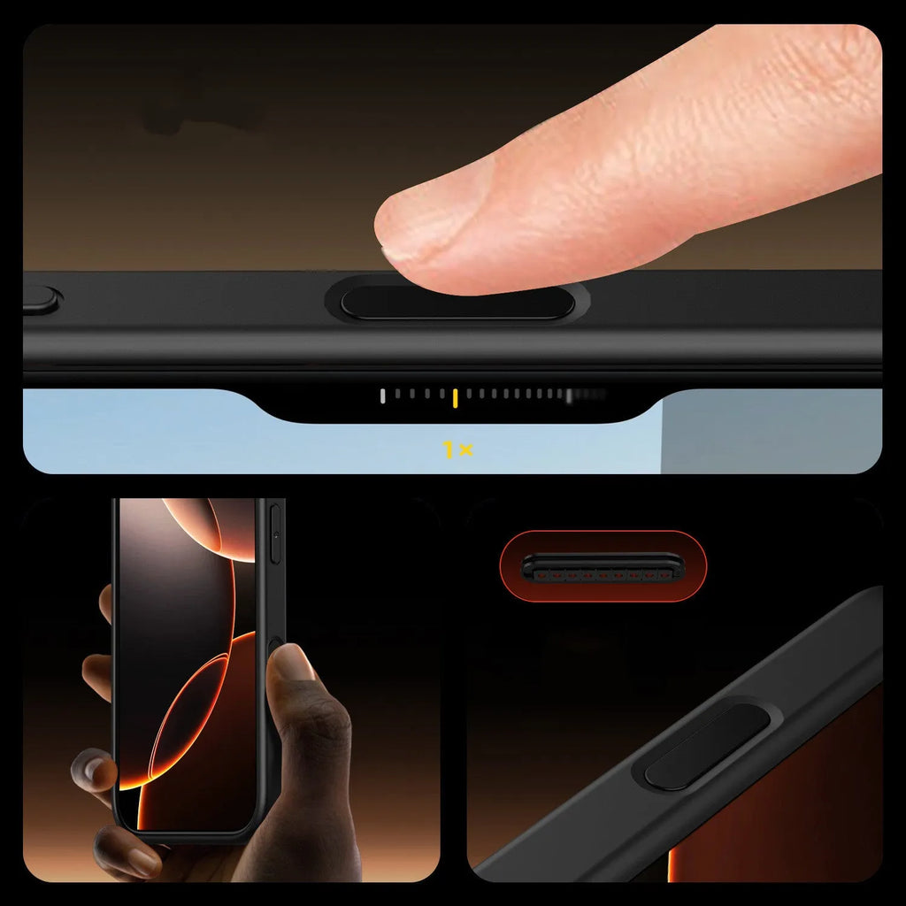 Transparent black magnetic shockproof phone case for iPhone 16 with visible airbag corners.