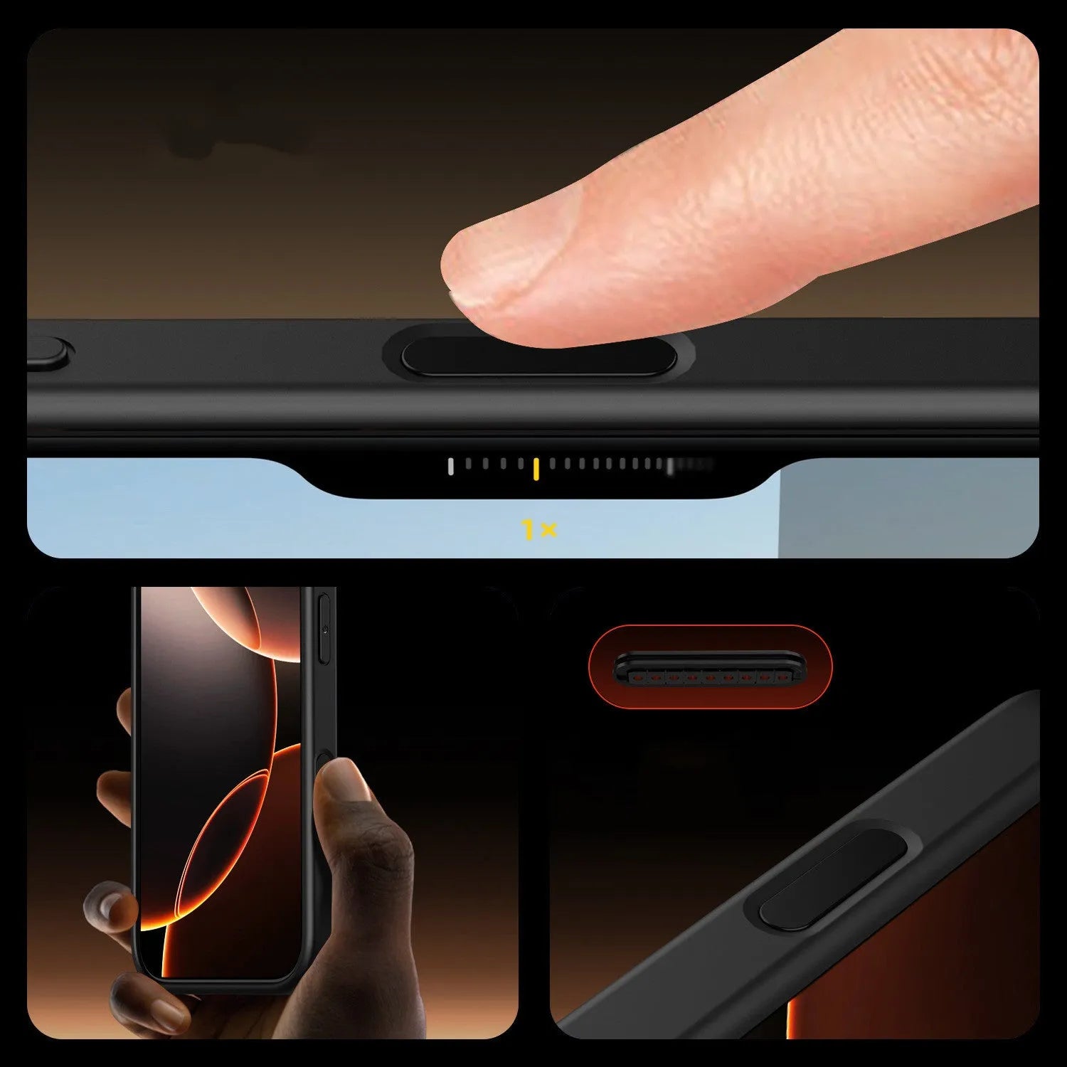 Transparent black magnetic shockproof phone case for iPhone 16 with visible airbag corners.