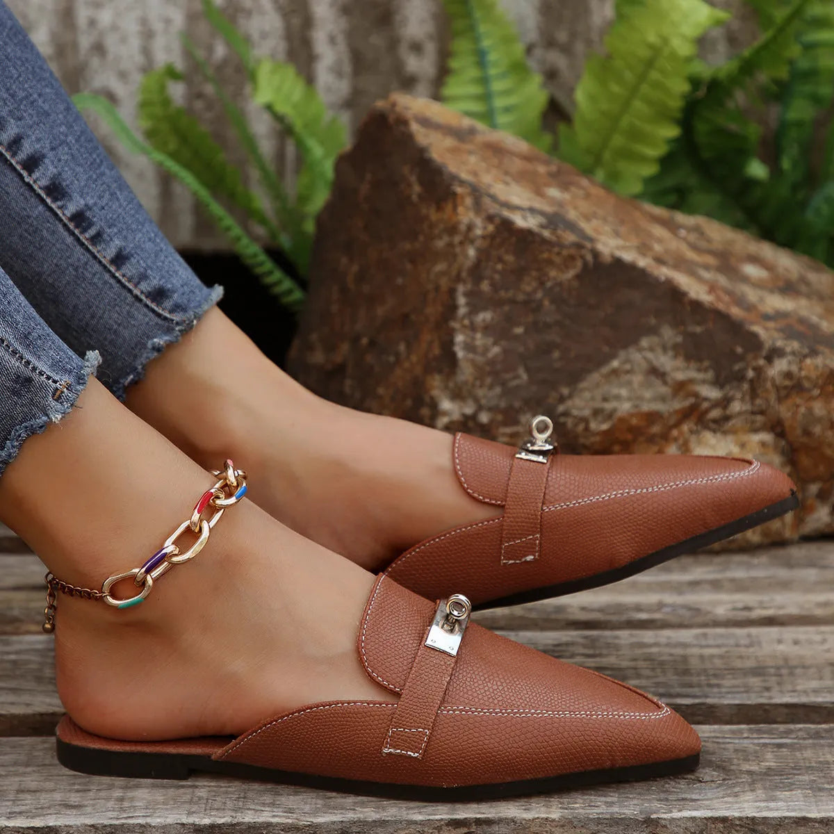 Light brown women's pointed-toe semi-slippers with a low heel, PU upper, and rubber sole.