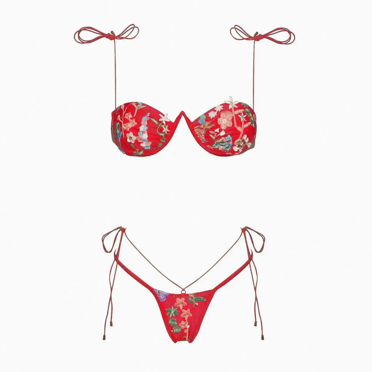 Women's embroidered split swimsuit in beige, red or blue with nylon and spandex lining, sizes S M L.