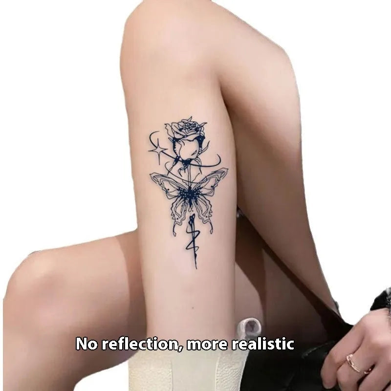 Water transfer tattoo sticker with butterfly and rose pattern, measuring 6.9x9.6cm, for temporary skin decoration.