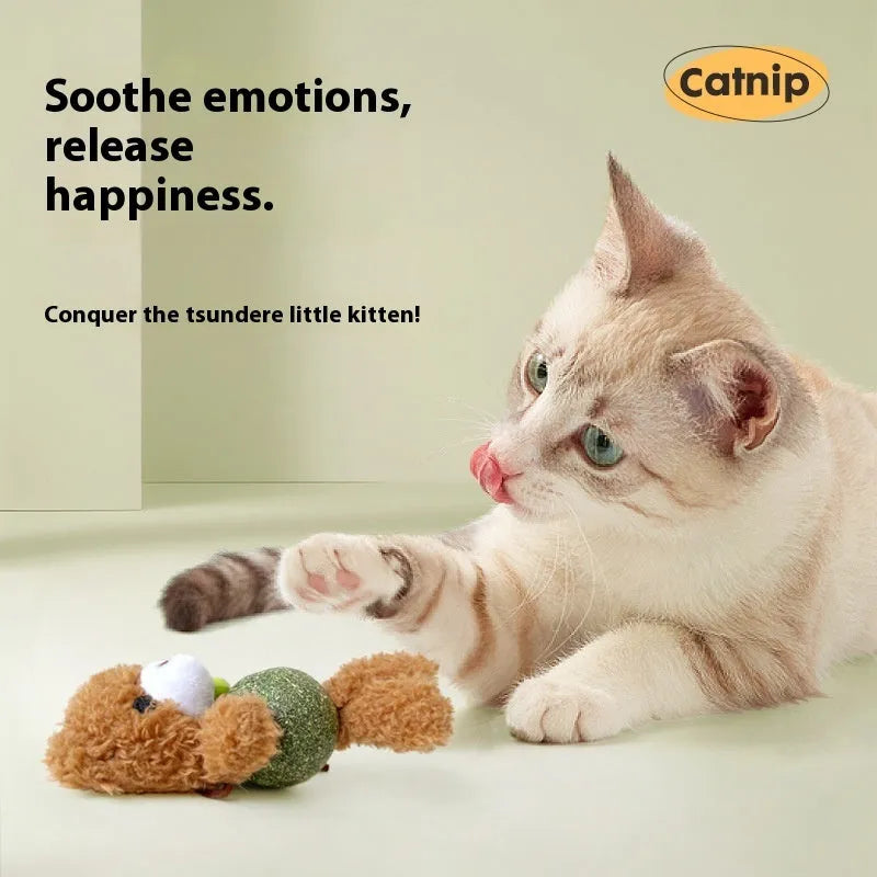 Plush catnip ball toy with bell in brown bear design, showing 15cm height with attached catnip ball