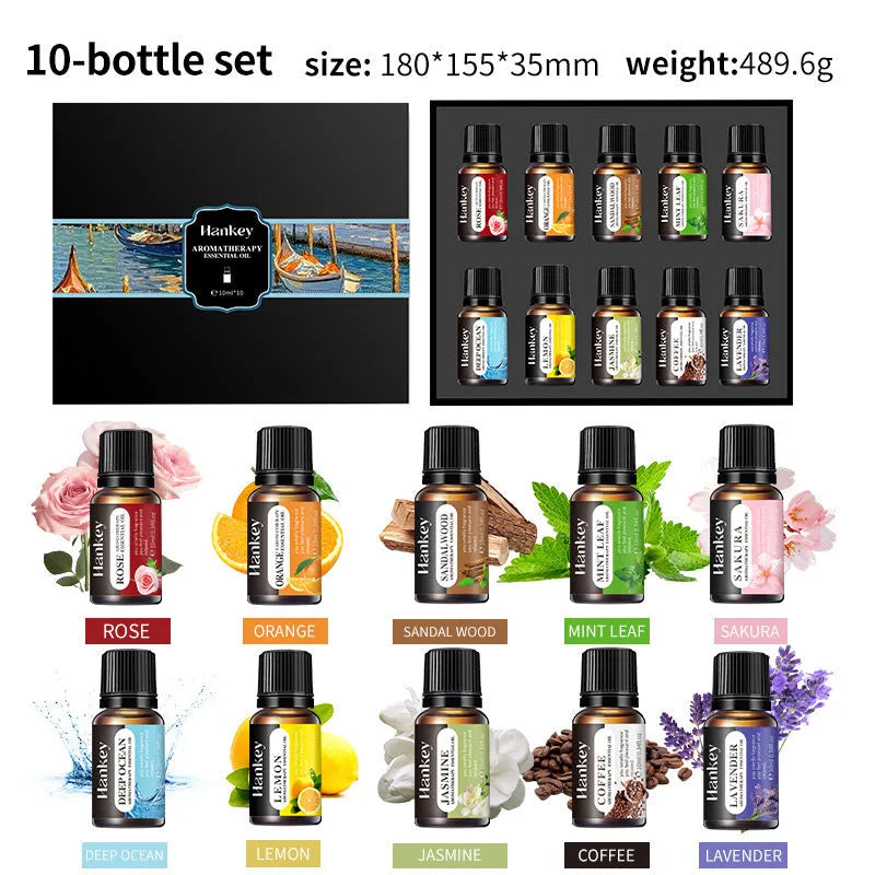Boxed set of water-soluble aromatherapy essential oil bottles for diffuser use
