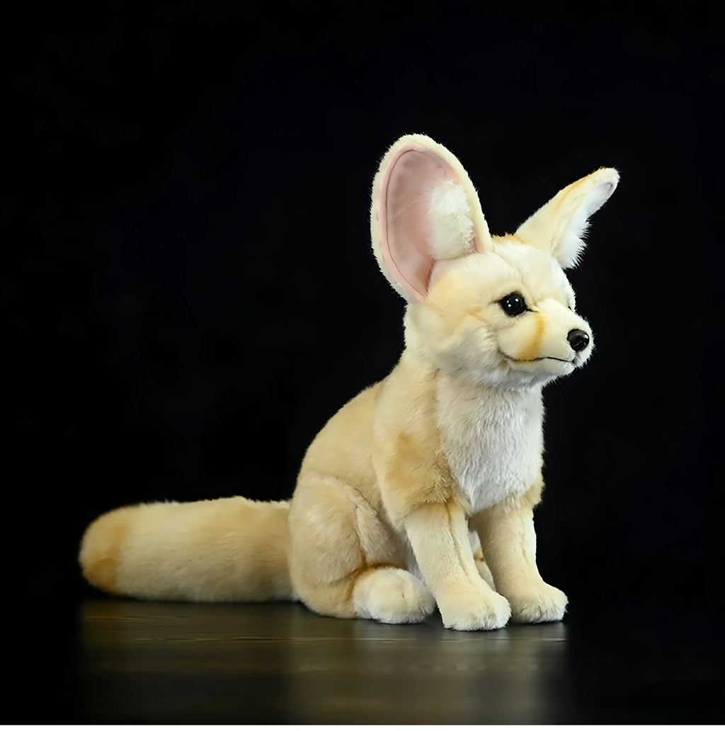 Yellow wide-eared fox plush toy standing 26cm tall on a surface