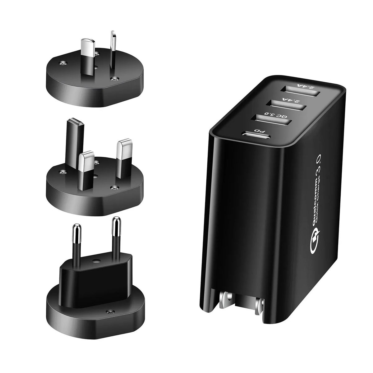 Black 48W four-port USB-C wall charger with multiple international plug adapters