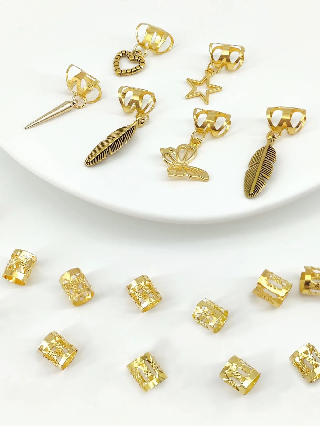 Electroplated dirty braid hair rings with antique leaves design in gold or silver finish