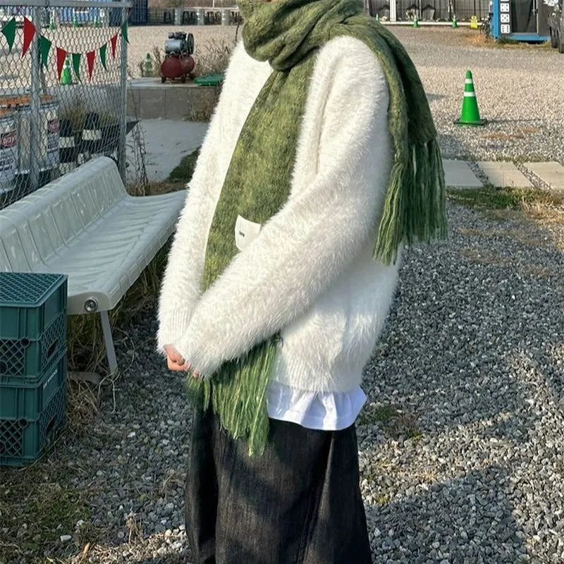 Mohair American retro V-neck sweater coat, loose pullover in white or black, sizes M to XXL
