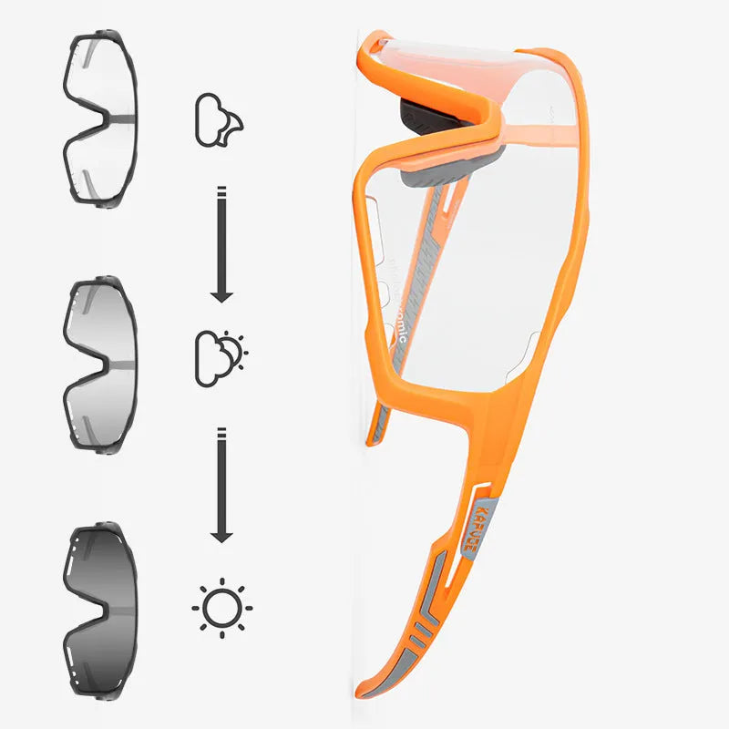 Photochromic cycling sunglasses with semi-rimless TR90 frame on a solid colour background