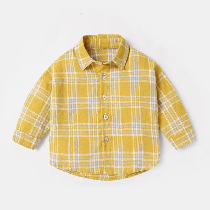Boys' cotton lattice shirt with animal cartoon patterns in khaki, light blue, pink, and yellow colours