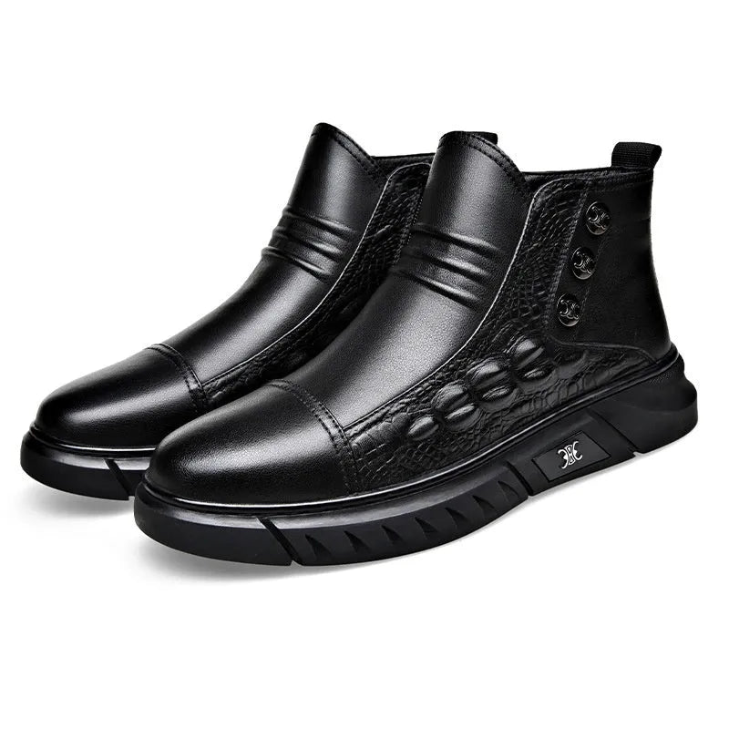Men's genuine leather worker boots in black with round toe, warm lining, and non-slip sole
