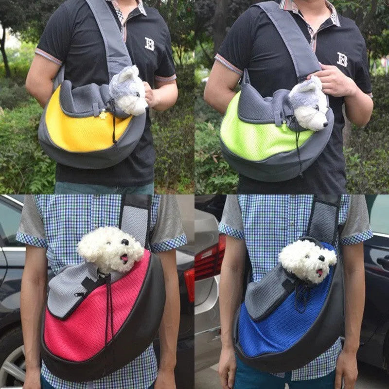 Blue pet backpack for a small dog, showing padded interior and shoulder straps.