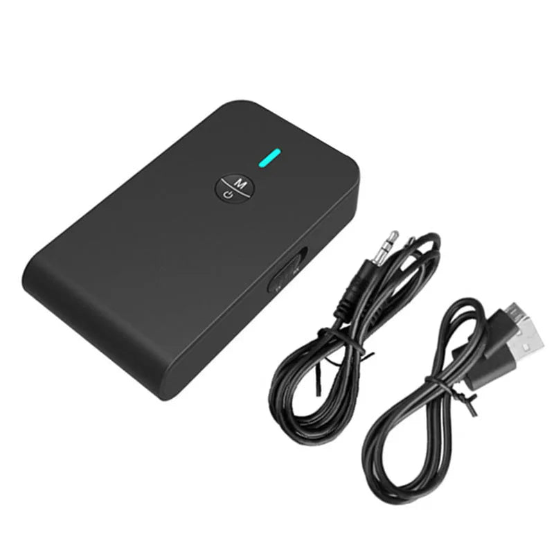 Black Bluetooth audio adapter with 3.5mm AUX jack and USB cable for wireless streaming