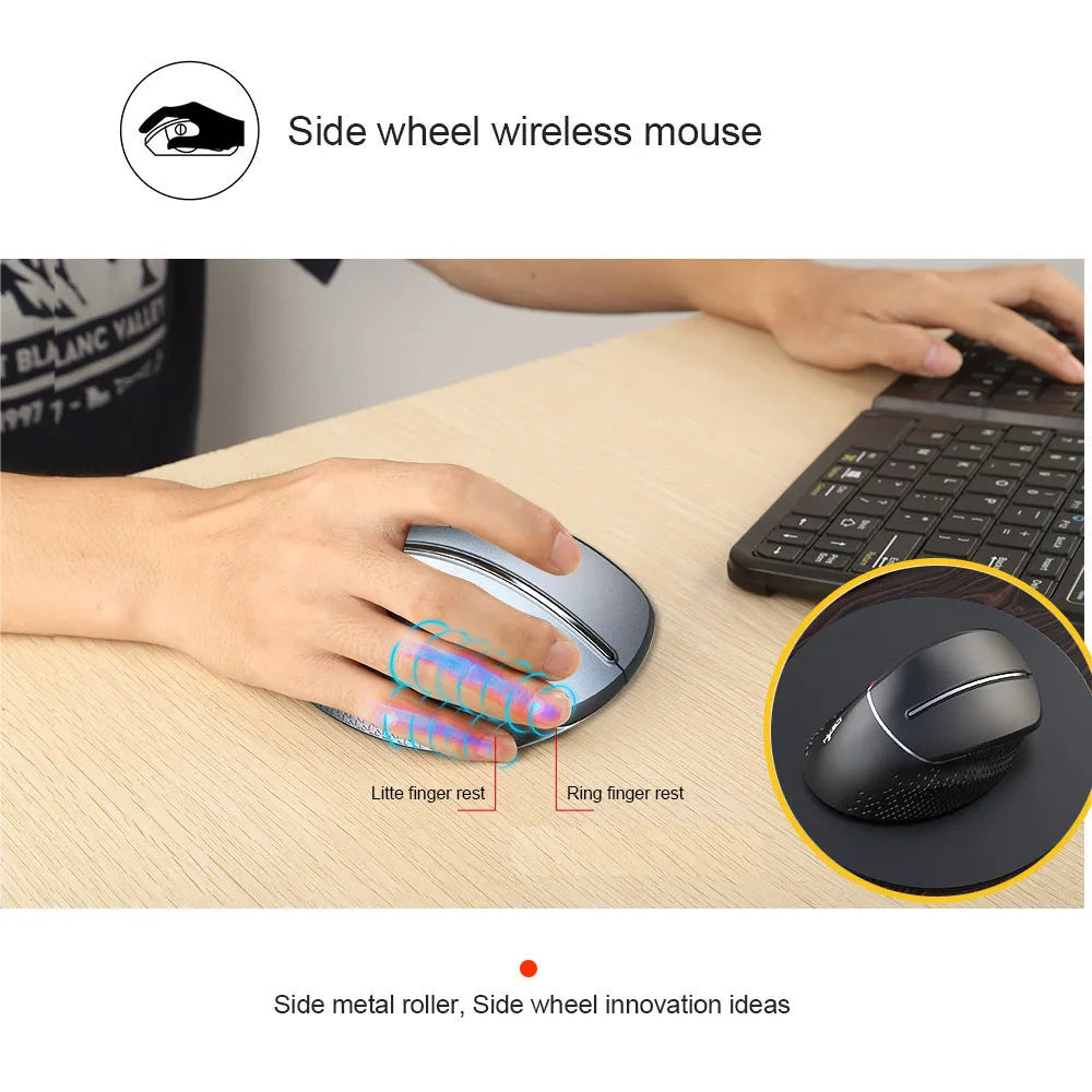 T32 wireless vertical ergonomic mouse in black matte finish showing aluminium side roller and six-button layout