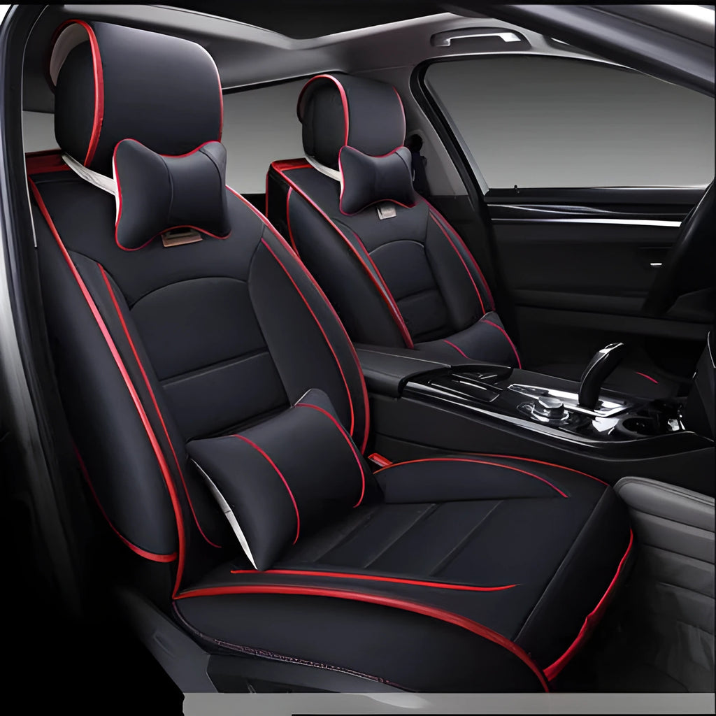 Five-seat car seat cushion cover set in leather-style material with cotton filler, available in multiple colours