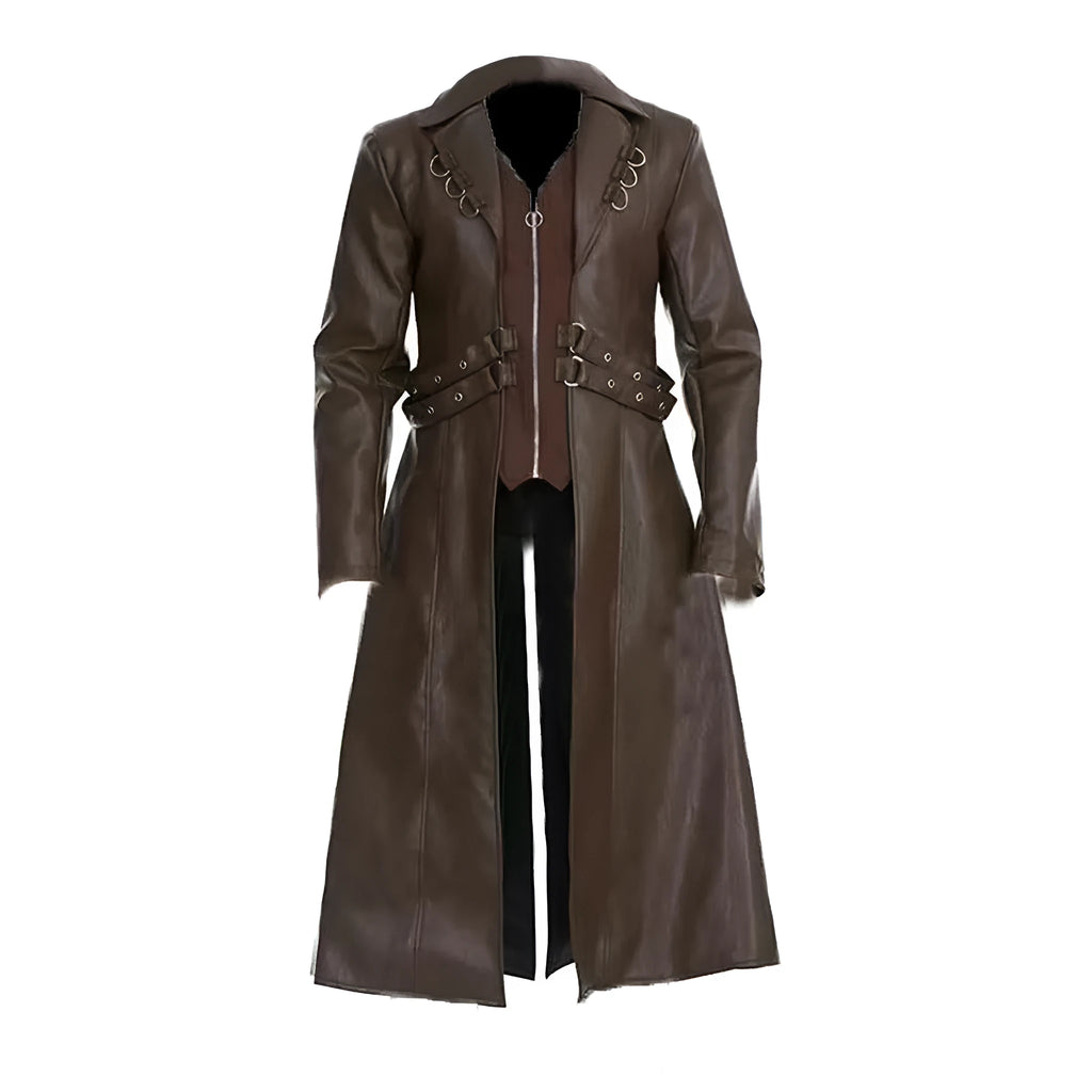 Mid-length black PU leather trench coat with retro medieval style, 65cm body length