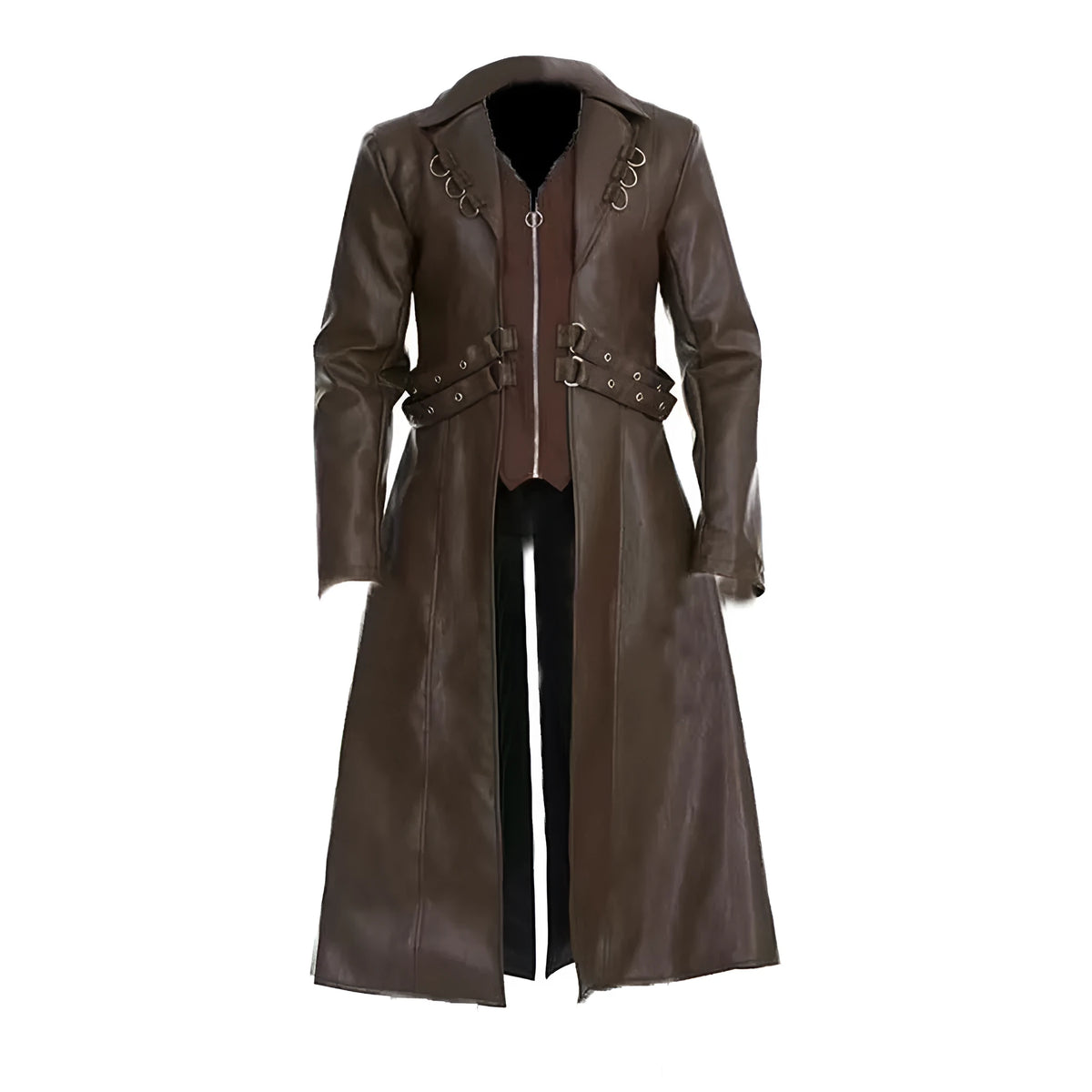 Mid-length black PU leather trench coat with retro medieval style, 65cm body length