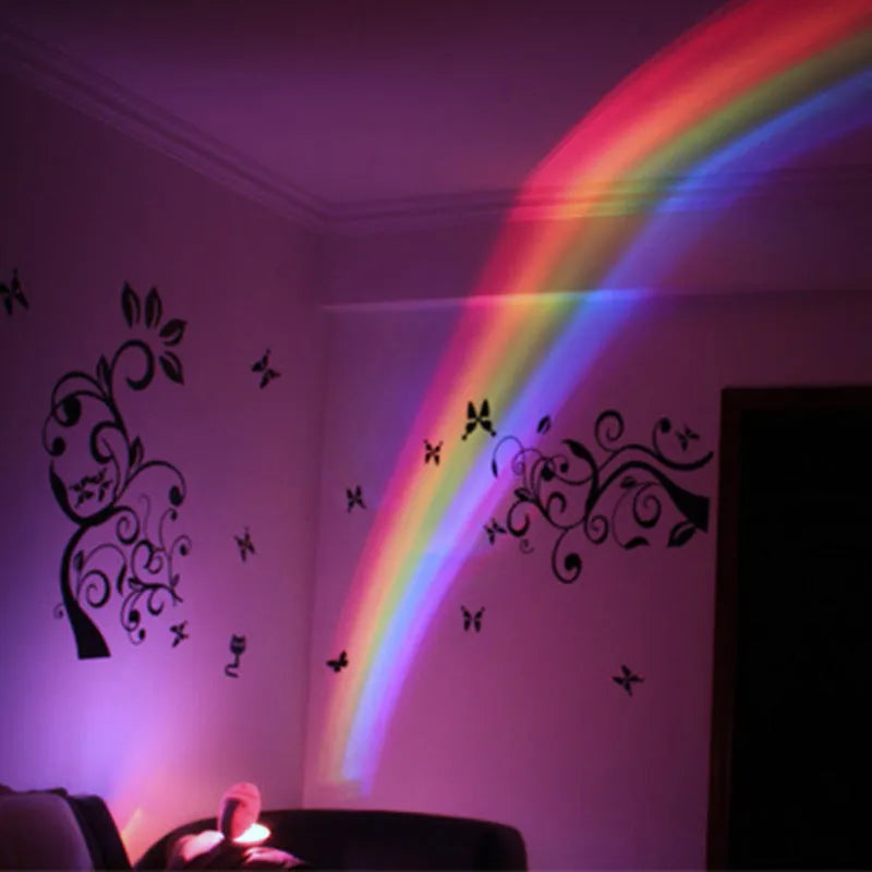 White egg-shaped LED table lamp, 14 x 10 x 6cm, projecting a rainbow onto a wall, USB rechargeable night light