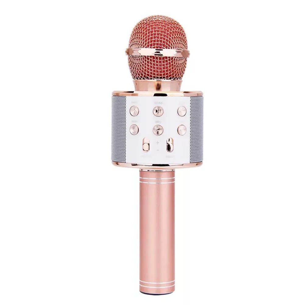 Wireless Bluetooth mini karaoke microphone speaker in black with LED light effects for home singing