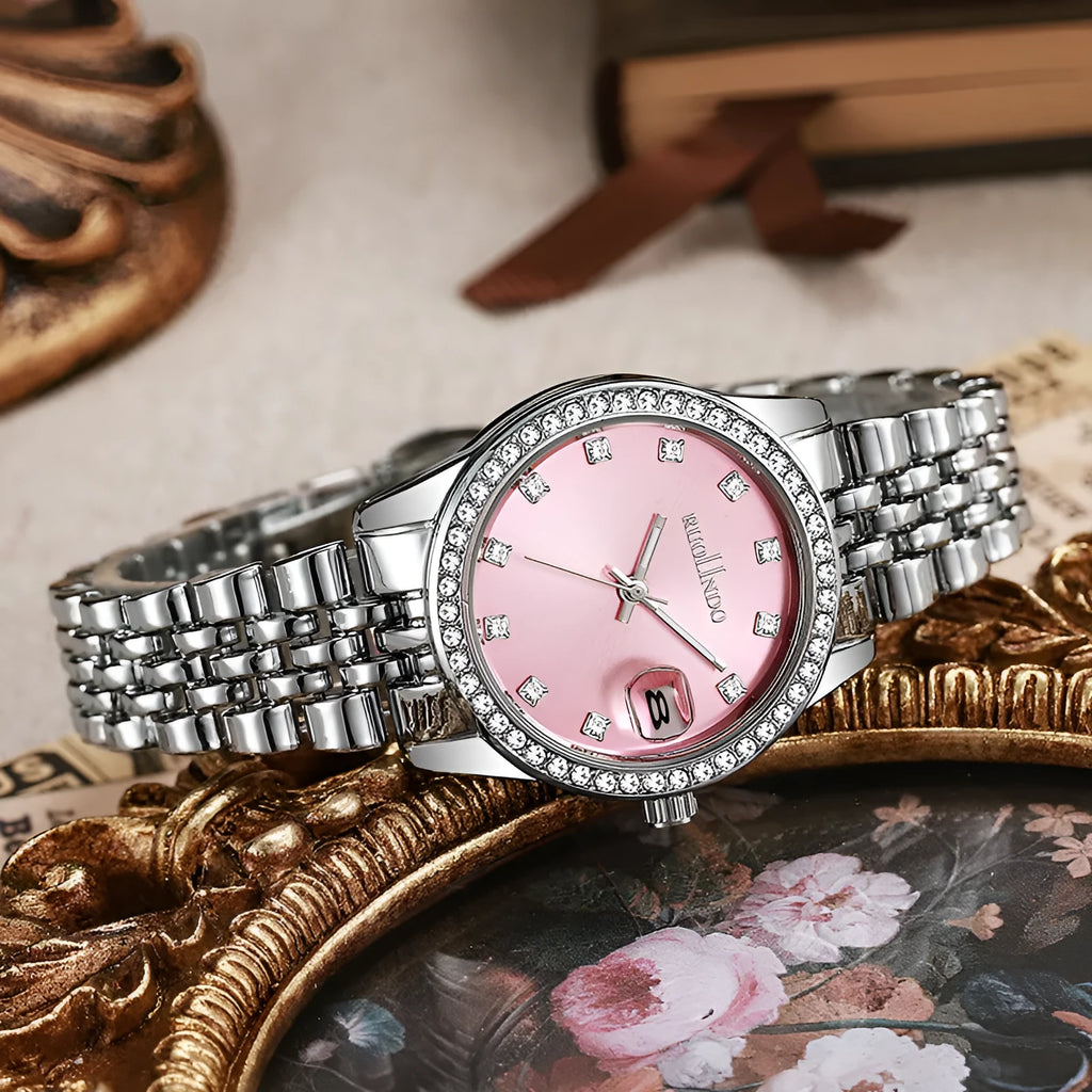 Women's silver calendar watch with quartz movement and 32mm alloy case
