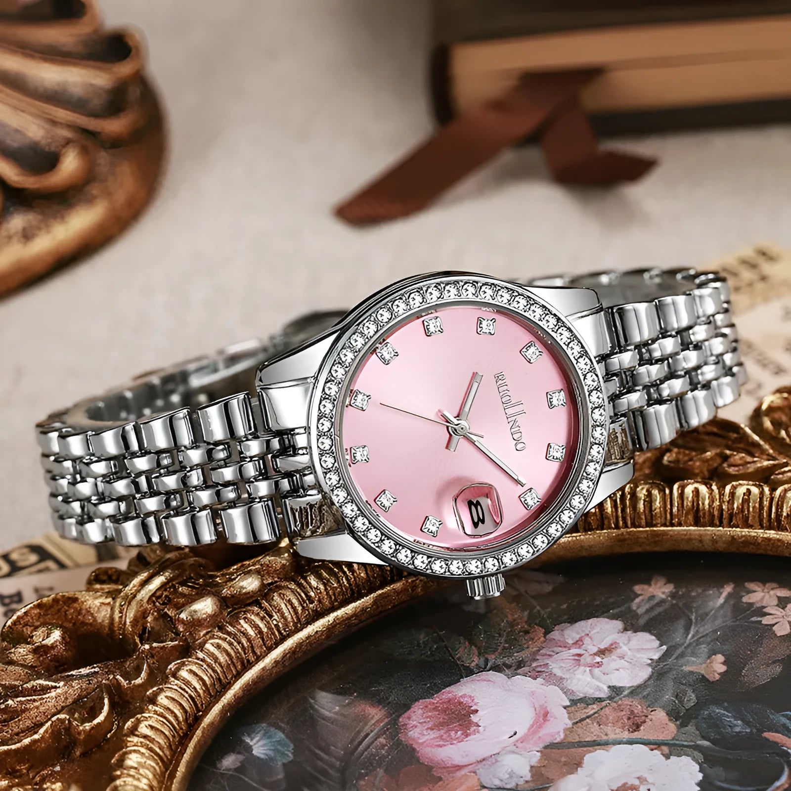 Women's silver calendar watch with quartz movement and 32mm alloy case