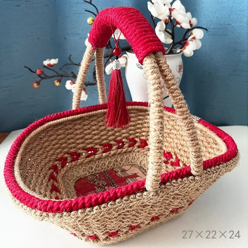 Xi Blue hand-woven straw basket with twine finish, 27x22x24cm, retro national wind style for living room