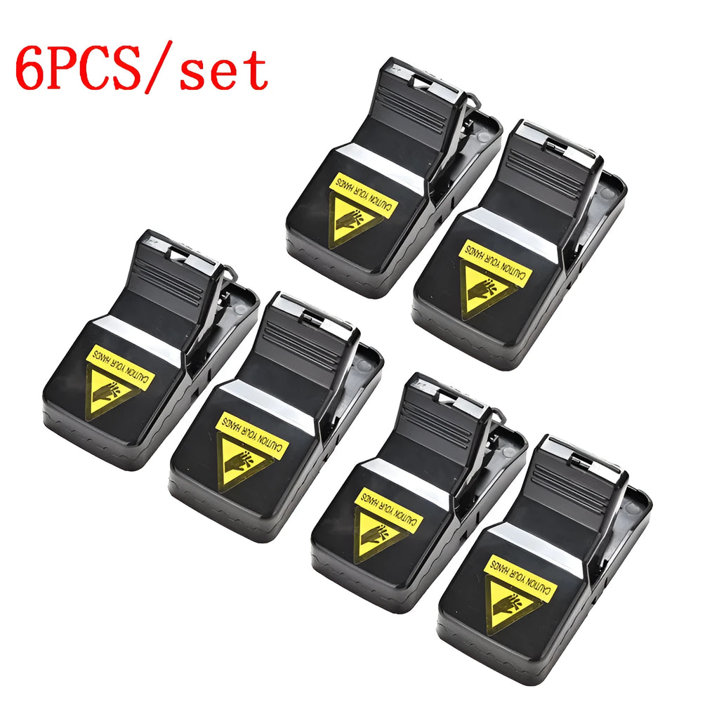Pack of six black plastic mousetraps showing snapping mechanism and measurements